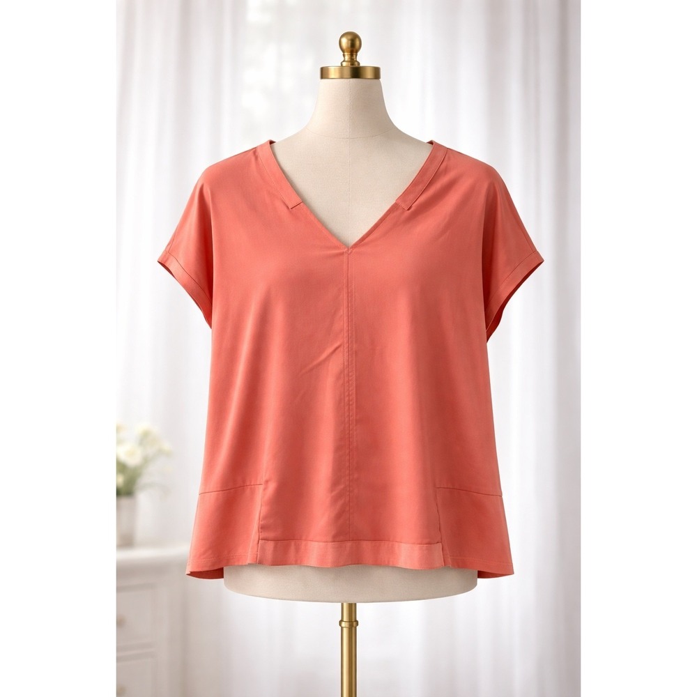 Laurie Felt Blouse Womens 2X Coral Orange V-Neck Short‎ Sleeve Boxy Relaxed Fit